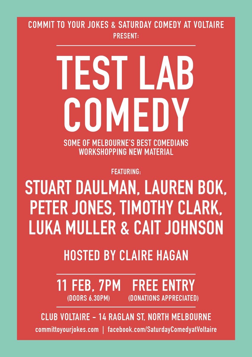 So, <a href="/ponyhag/">claire h 🌈</a> and I ( collectively known as <a href="/CTYJokes/">Commit to Your Jokes</a>) are putting on a show this Saturday at <a href="/VoltaireComedy/">Club Voltaire Comedy</a>. Come! It'll be great!