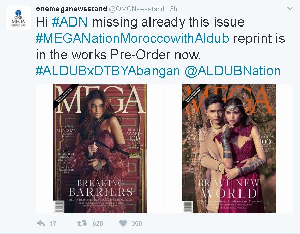 ofcdjbae's tweet photo. [Great News Aldub Nation] RE-Printing of the issue #MEGANationMoroccowithAldub is in the works 🙌🙌

#ALDUBxDTBYAbangan https://t.co/Rt7NyfF4kf