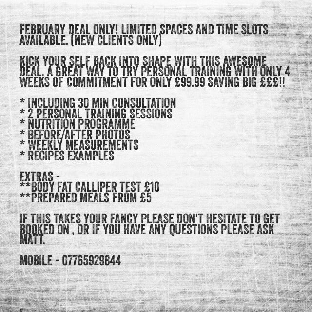 PtMattBev's tweet photo. February deal please message me for any enquiries. #Liverpool #PersonalTraining #weightloss #save #tryout #fitness https://t.co/1aPjQloewo
