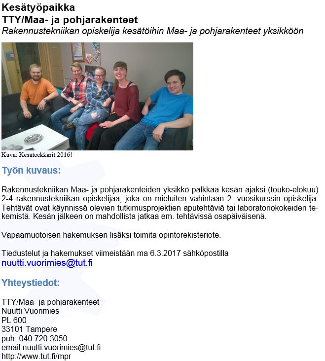 Nyt #kesätöitä tarjolla alan omille opiskelijoille! <a href="/Rakentajakilta/">TARAKI</a> HUOM! #rakennustekniikka #infra #Maajapohjarakenteet @TampereUniTech