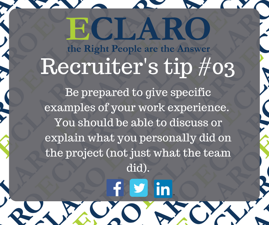 EclaroPh's tweet photo. #TuesdayTips 3.0
"Be prepared to give specific examples of your work experience."
#Recruiterstips https://t.co/cMcAqmmzVK