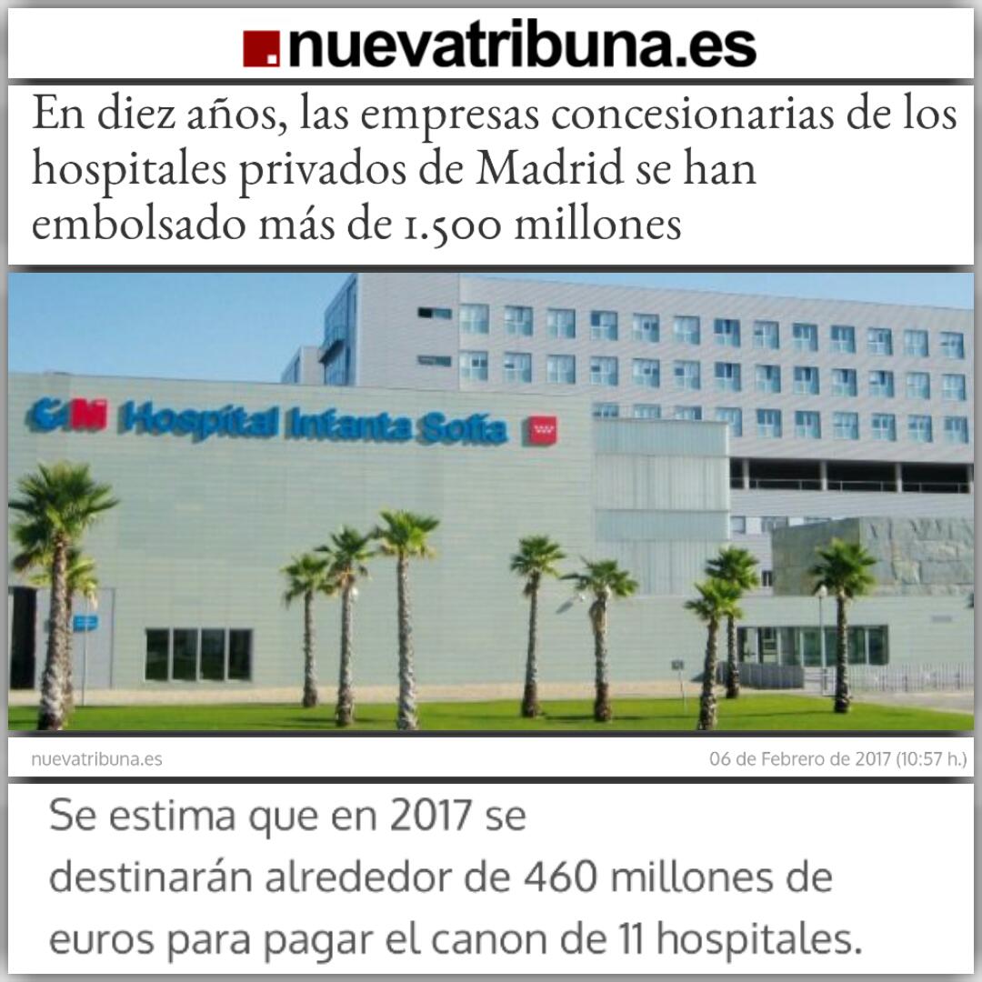  No se engañen, los que defienden la sanidad privada o semiprivada sólo quieren forrarse a nuestra costa. http://www.nuevatribuna.es/articulo/sanidad/diez-anos-empresas-hospitales-privados-madrid-han-embolsado-mas-1500-millones/20170206105740136408.html