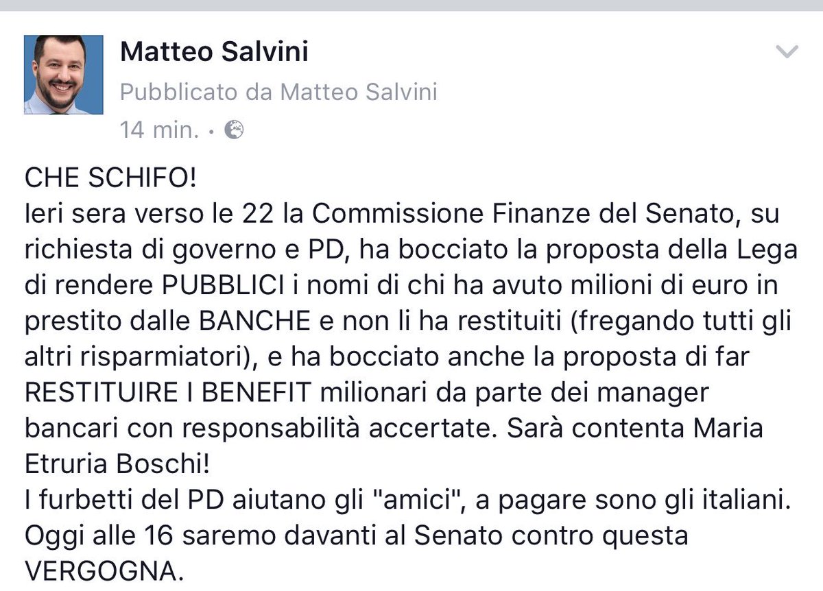 matteosalvinimi's tweet photo. I furbetti del PD aiutano gli "amici", a pagare sono gli italiani.
Oggi alle 16 saremo davanti al Senato contro questa VERGOGNA. https://t.co/XRlU42zByW