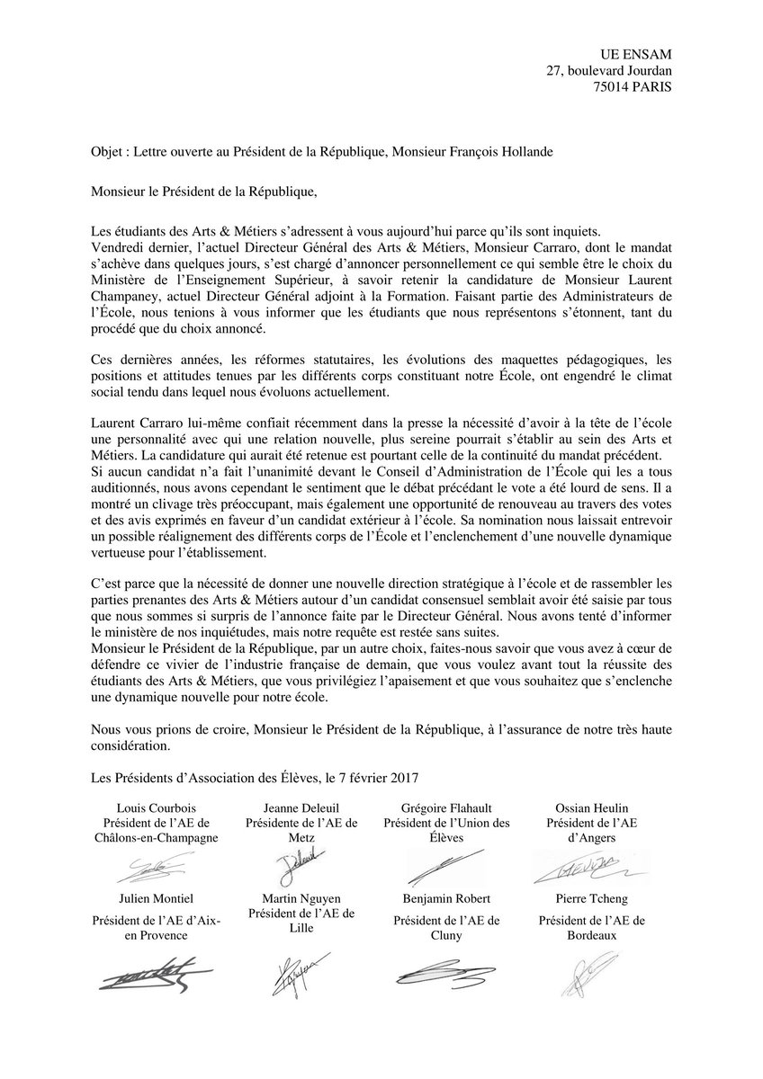 Les élèves <a href="/UEAM/">Union des Élèves - Arts et Métiers</a> inquiets de l'avenir d'@AMParisTech. Notre lettre ouverte à <a href="/fhollande/">François Hollande</a> pour un vrai #nouveaudépart