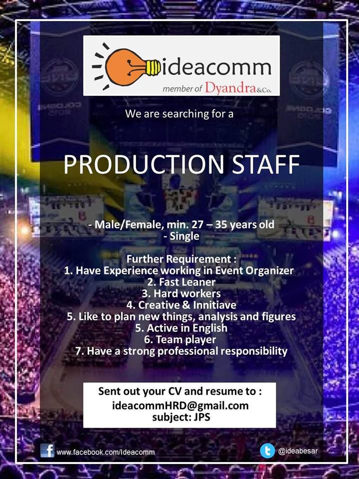 ideabesar's tweet image. NEED : Production Staff, max 35, Male, Experience in EO, Fast Learner. email to ideacommhrd@gmail.com. subject JPS
@Info_Loker @cdcindonesia