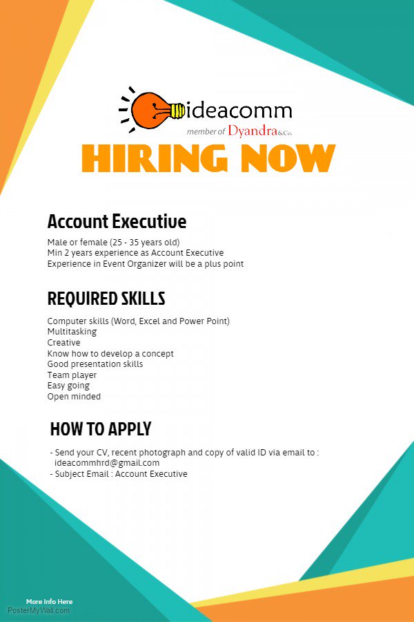 ideabesar's tweet image. NEED : AE, max 30,Female,Hard worker,Fast Learner. email to ideacommhrd@gmail.com. subject Account Executive
@Info_Loker @twitlowongan