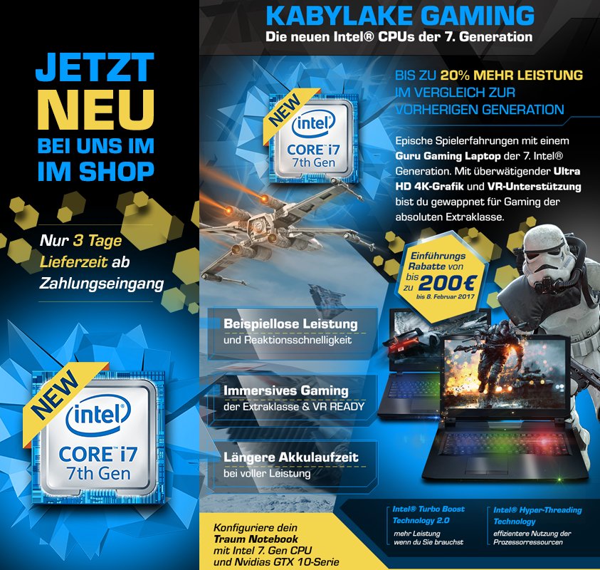 NotebookguruDE's tweet photo. Gamer Notebooks 2017 mit Intel® Kaby Lake CPUs  und spitzen Rabatten von bis zu 200€. https://t.co/maQ9BBJqcA
#KabyLake #IntelGaming https://t.co/nB76mzrHH3