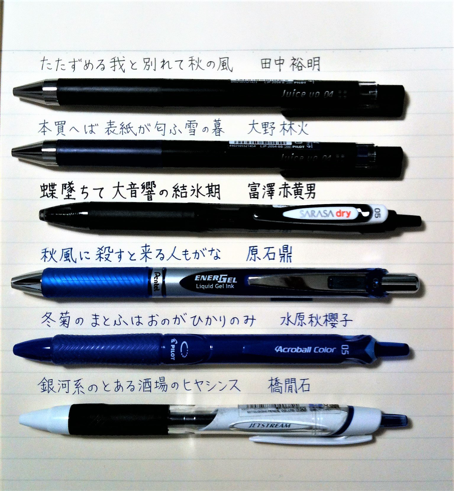 本屋のカガヤ Okb選抜総選挙で気になったボールペン購入 ジュースアップ良い 上から順に パイロットのジュースアップ0 4ブラック 同じくブルーブラック ゼブラのサラサドライ0 5黒 ぺんてるのエナージェル0 5青 パイロットのアクロボール0 5ブルー 三菱