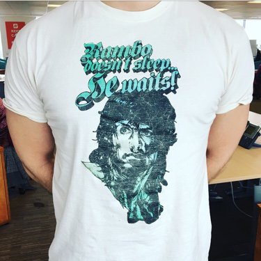 Geekzonia's tweet photo. #Day20 of Steve's geeky T... Yo Rambo! #tshirtoftheday #StevesT #officewear #SylvesterStallone https://t.co/UsO8AfRcLW