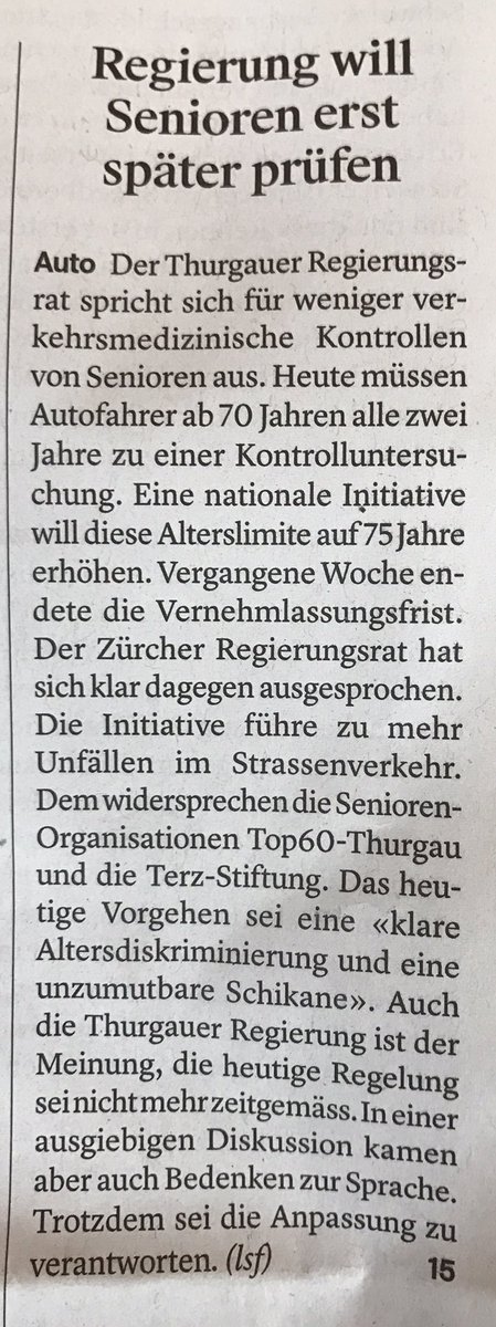 Gut so, aber es gäbe ohnehin wirksamere Instrumente als flächendeckende verkehrsmedizinische Kontrollen von Senioren <a href="/Kanton_Thurgau/">Kanton Thurgau</a>