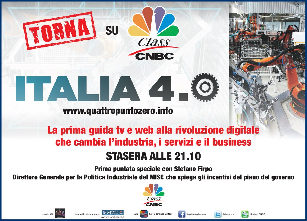 #Italia 4.0, guida tv alla 4a rivoluzione industriale. <a href="/stefanofirpo/">Stefano Firpo</a> risponde sul piano Governo <a href="/federmeccanica/">FEDERMECCANICA</a> <a href="/assolombarda/">Assolombarda</a> <a href="/messefrankita/">Messe Frankfurt ITA</a>