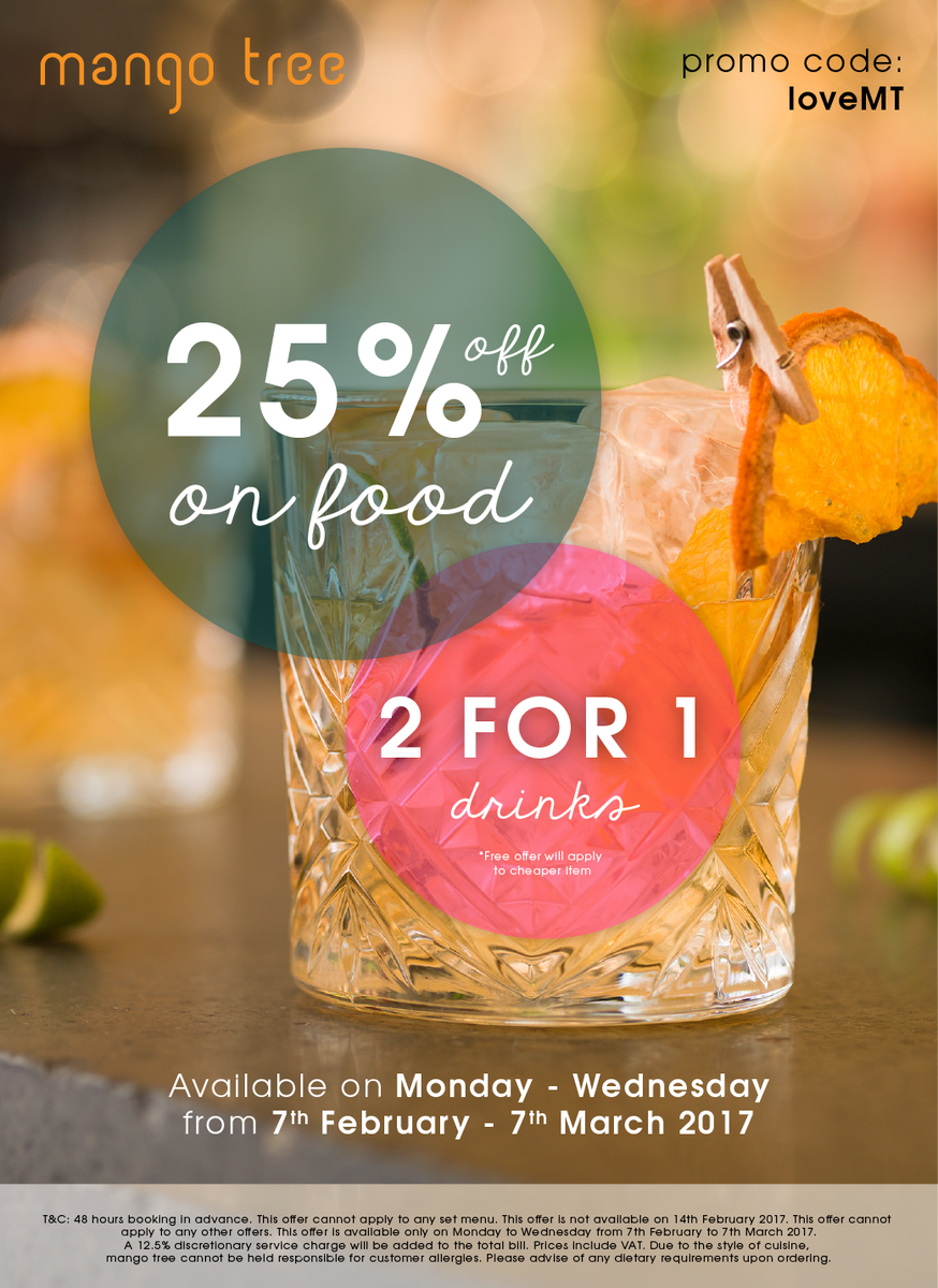 MangoTreeLondon's tweet photo. In this month of love, get 25% offer on our delicious and exotic Thai food as well as your second round cocktail at Mango Tree! https://t.co/B6Ui14W5Zc