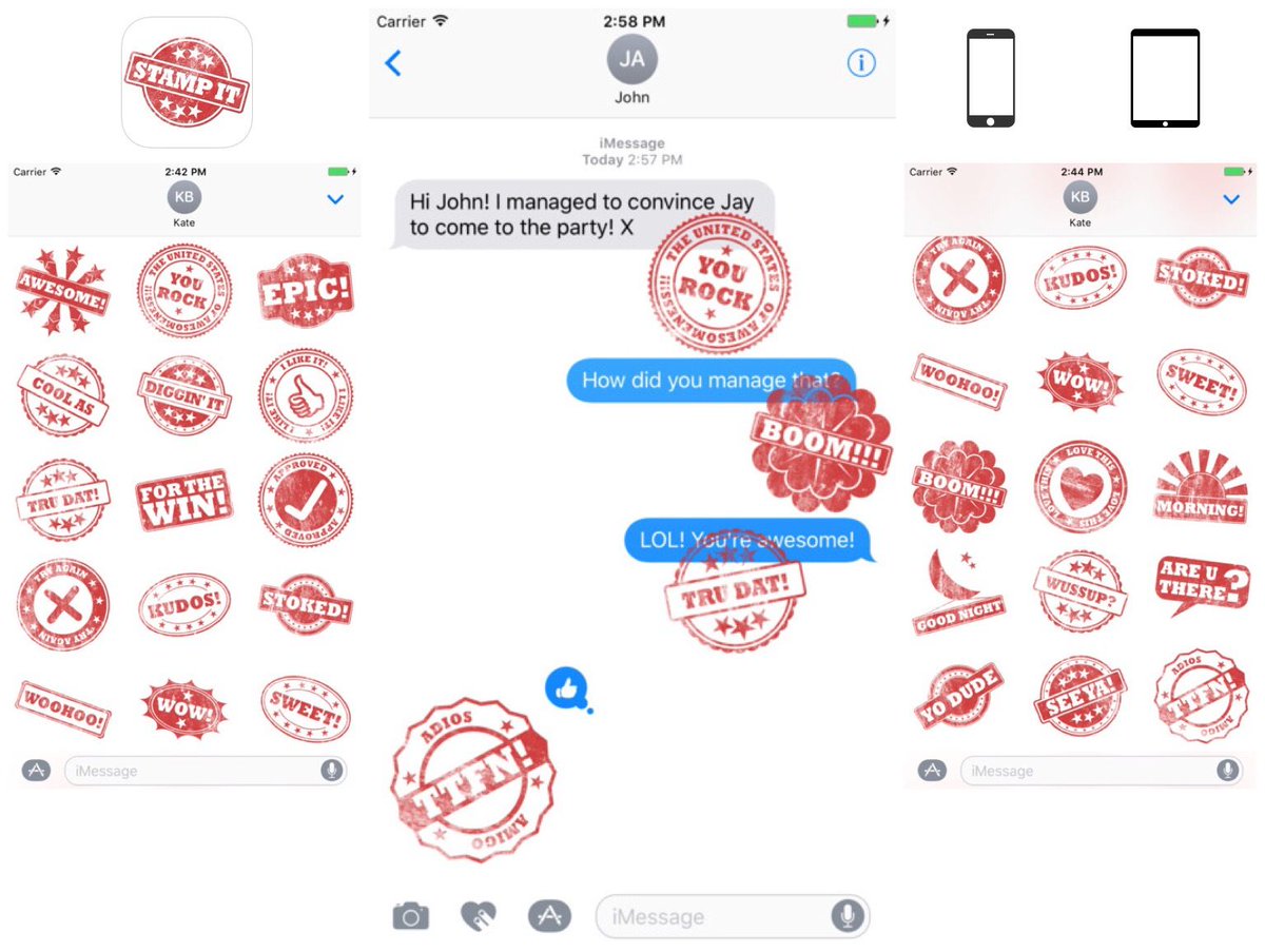_thedailyapp's tweet photo. Stamp It Stickers: Make your mark in iMessage with these fun red-ink rubber stamps. https://t.co/FR1DoHfnlx https://t.co/cgKblmdBkE