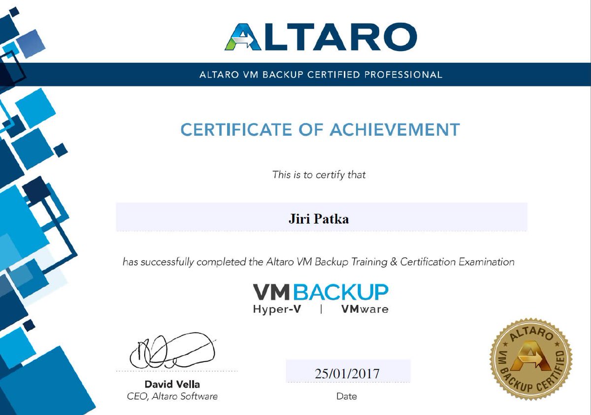 ComesCR's tweet photo. Náš specialista Jiří Patka prošel #certifikaci od @AltaroSoftware VM Backup . Altaro vyvíjí zálohovací řešení. https://t.co/84l64asvQ7 https://t.co/2KWUF0qyDV