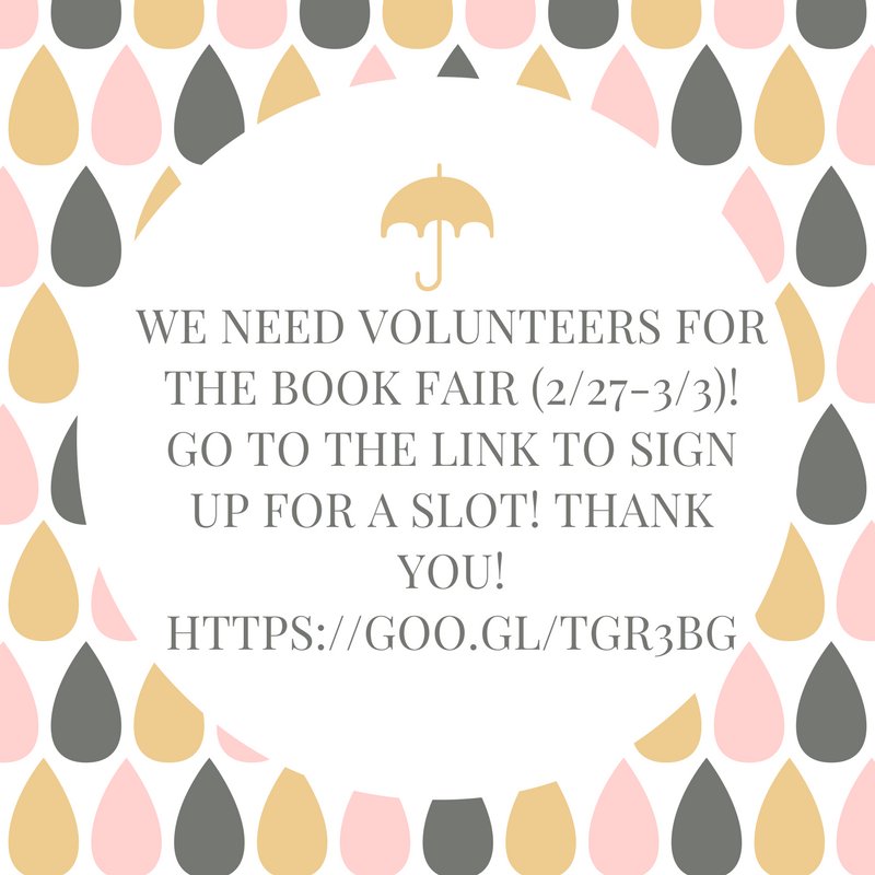 Wren_Reads's tweet photo. We need volunteers for the Book Fair (2/27-3/3)! Go to the link to sign up for a slot! Thank you! 
https://t.co/m1GeZVTMQL https://t.co/7wjdw73AXJ