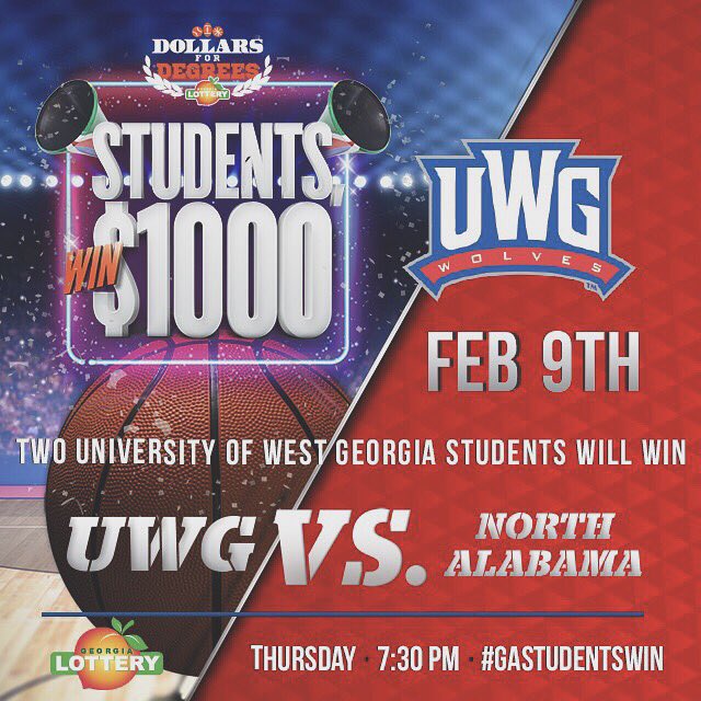 UWGAthletics's tweet photo. The Wolves take on North Alabama this Thursday in the Coliseum where two students will win $1K from @GeorgiaLottery! #GAstudentsWin https://t.co/qMWIFLGgZ5
