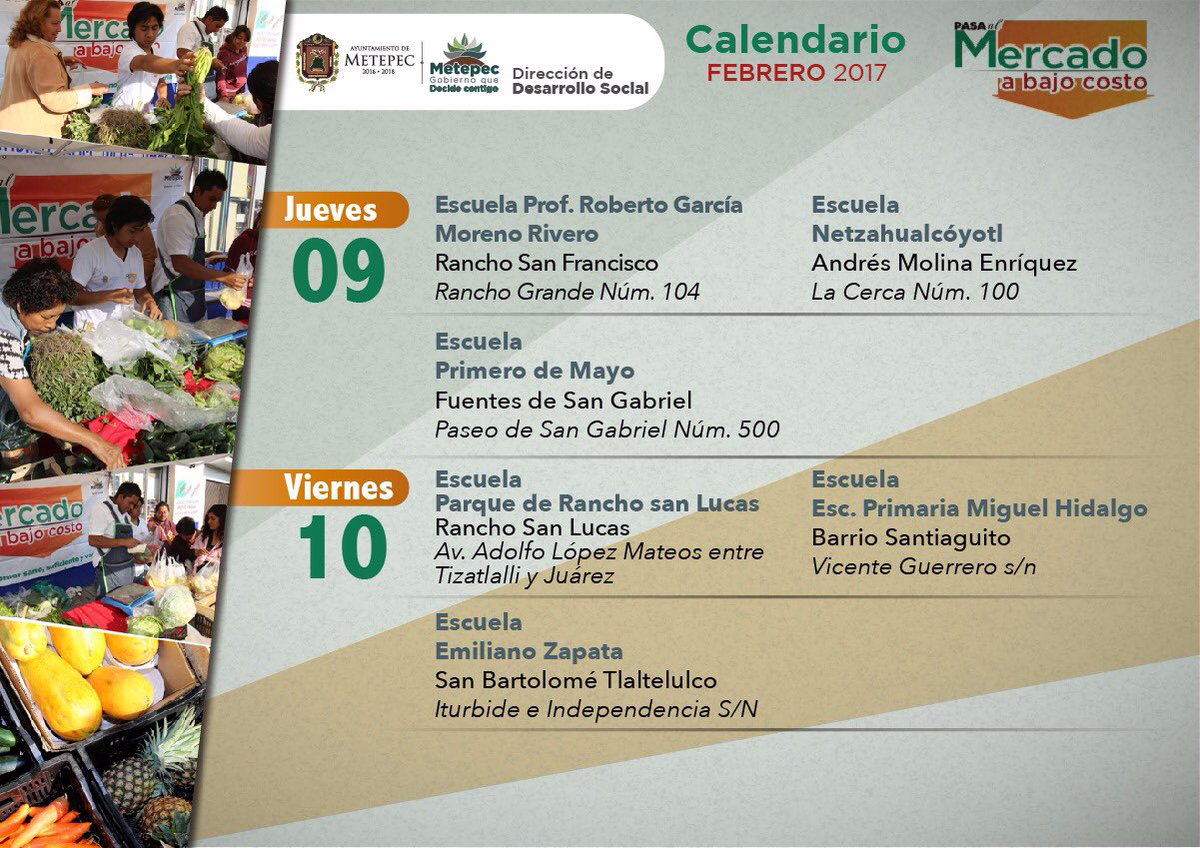 MetepecGobierno's tweet photo. ¡Buenos días! Compartimos el calendario de esta semana del #MercadoABajoCosto; recuerda, lo encuentras a partir de las 9:00 horas. https://t.co/EE9AKkxfU1