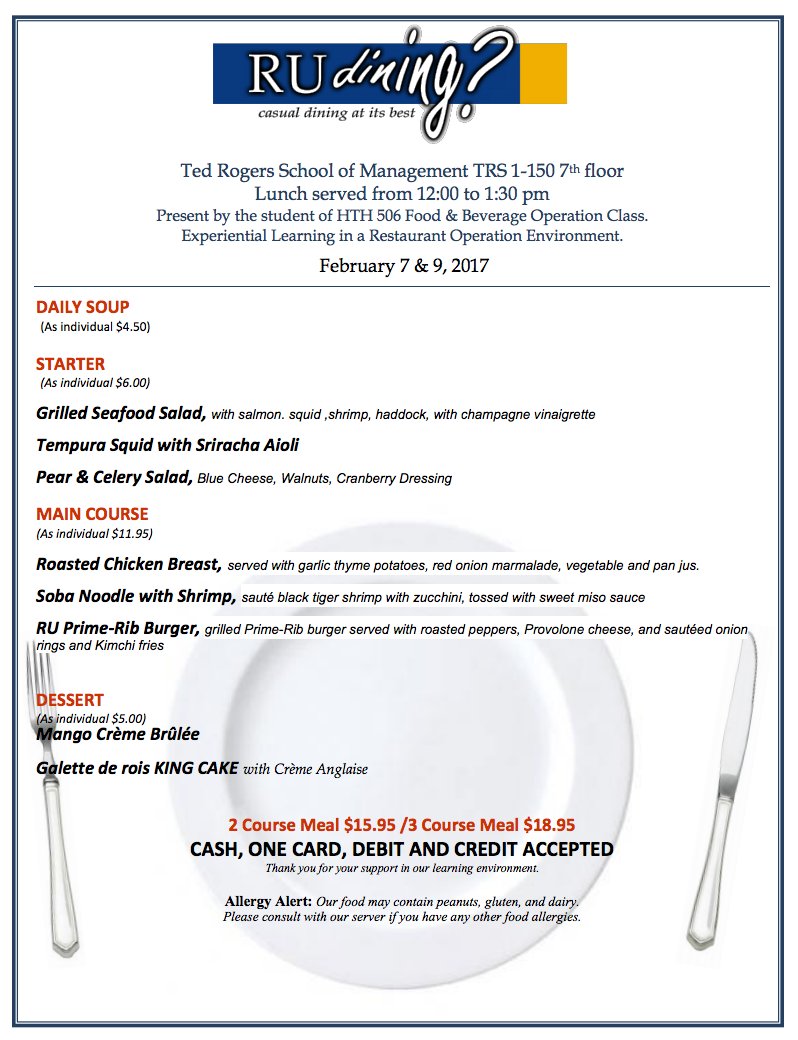 trsmtorontomet's tweet photo. #RUDining is back on and they want to host you for a delicious lunch at #TRSM! Check out this week's menu and support @HTMRyerson. https://t.co/5jIFXFeifg