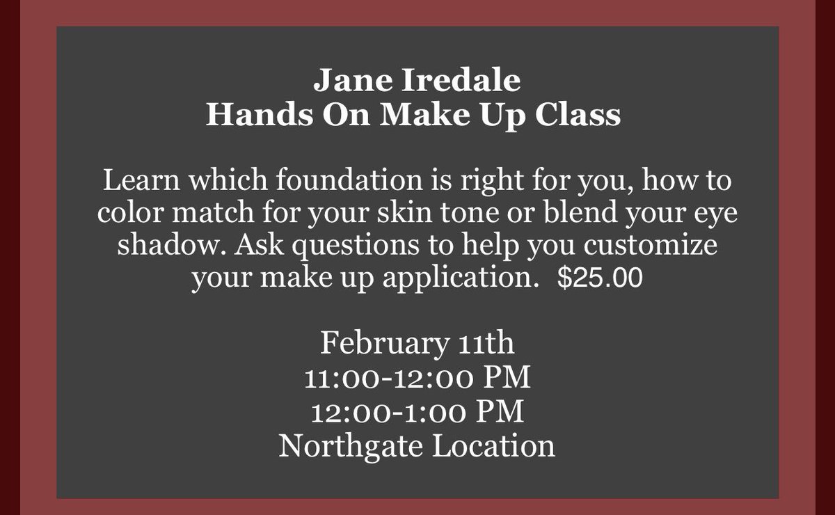 trievasspa's tweet photo. Join Jane Iredale make up artist, Katheleen, learn customized make up techniques. Book your spot #janeiredale #seattlesalon #seattlemakeup https://t.co/jJMz0EPZjb