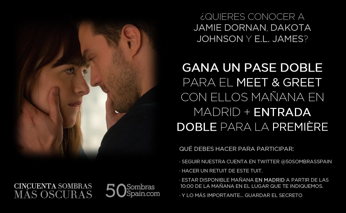 SUPERCONCURSO para conocer a Jamie, Dakota y E.L.James en Madrid+entrada Première. A las 20h elegiremos ganador entre quienes hayan hecho RT
