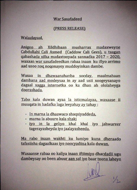 Xaqiiqa_Times's tweet photo. Musharaxa madaxwayne #Cadow Cali Gees oo beeniyay inuu ka harayo tartanka madaxwaynaha https://t.co/91gpXc5K89 https://t.co/v4CwfGME4u