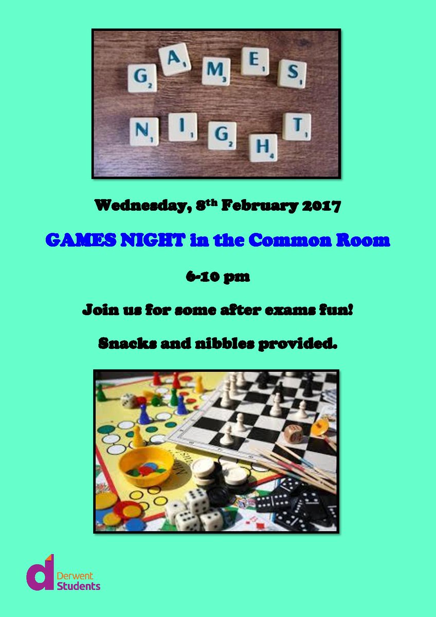 srnottinghamtwo's tweet photo. Games Night is on in the Common Room on Wednesday, 8th February. Join us for post exams fun! #nottinghamtwo #gamesnight @DerwentStudents https://t.co/yxqnysp9vj