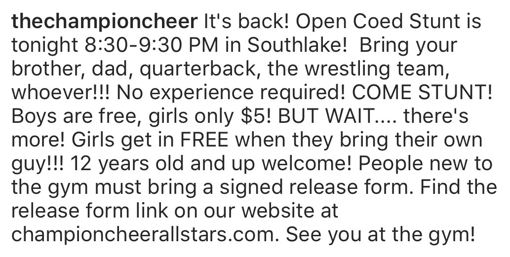 ChampionCheerAS's tweet photo. It's back! Open Coed Stunt is tonight in Southlake 8:30-9:30! Guys are FREE! Girls $5 or FREE if you bring a guy! 12&amp;up! Details in pic! https://t.co/eHdht8lTBt