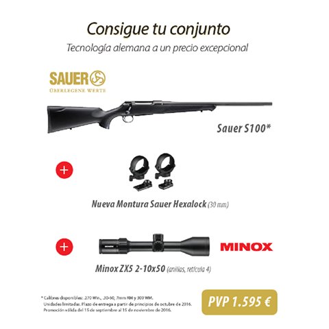 excopesa's tweet image. ¿Quieres más calidad y fiabilidad por menos dinero? Ahora por 1595€ llévate un #Sauer S100 + #Minox ZX5 2,5-10x50 + monturas #HexaLock