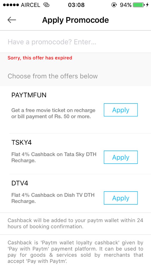 <a href="/Paytm/">Paytm</a> <a href="/Paytmcare/">Paytm Care</a> Just now I bought DTH50 code but when I try to apply it says it's expired ! I want 50CAshback