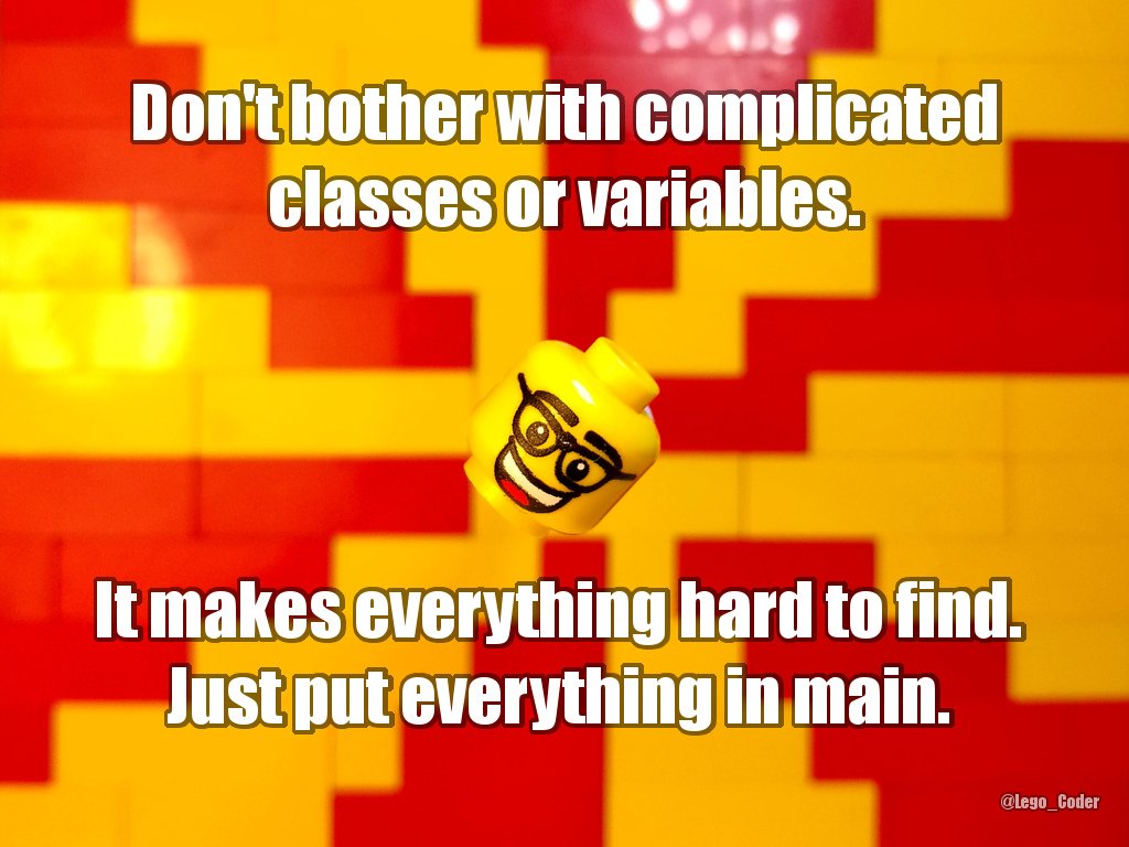Lego_Coder's tweet photo. This #BadCoderAdvice is brought to you by @PANGOLIN_2
Send on your advice if you'd like it added to our series.
#devhumor #programmerjoke https://t.co/BPnn31fAQT