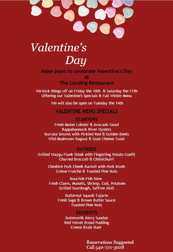 We'll be hosting #ValentinesDay dinner 3 nights! Feb 10, 11 &amp; of course on the 14th!
Call us for reservations 540.721.3028
<a href="/hurricanetif/">Tiffany Silva</a>
