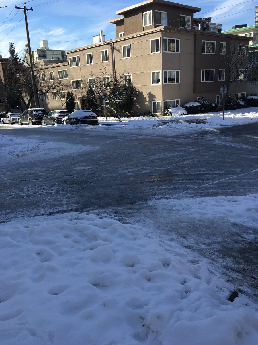BicBec's tweet photo. @CityofVancouver the #westend is ice slick! Parked cars are being hit!! Where is the salt/brine/gravel??? https://t.co/pVFRSuNXr4
