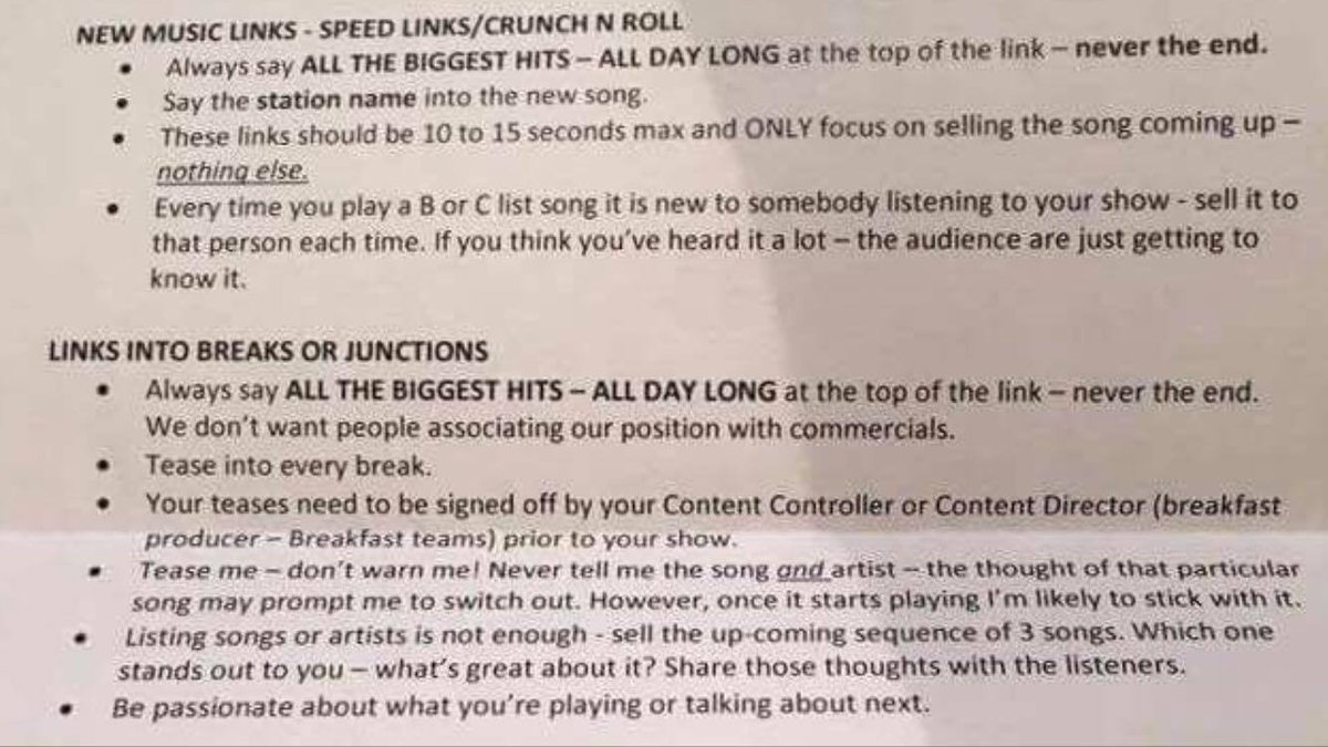 Look at this horse shit. Radio instructions prepared by bloodless worms who never felt a song or real radio moment in their fucking lives.