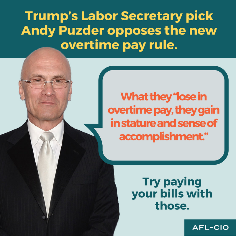 AFLCIO's tweet photo. 9 Reasons Why Trump's Secretary of Labor Pick Andy Puzder is No Friend of Working People https://t.co/reZe0iJ2eI #inaug2017 https://t.co/XHIZqQ7I0v