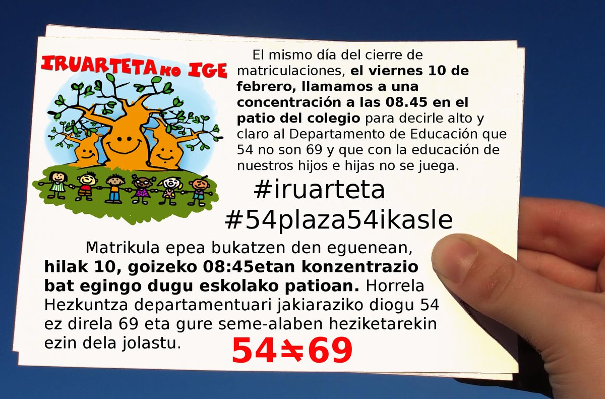 nagodarkistade's tweet photo. Nos obligan a salir a la calle a denunciar el empeño del dpto de educación por ampliar las plazas en #iruarteta #54=54 este año también https://t.co/AYATSCsg22