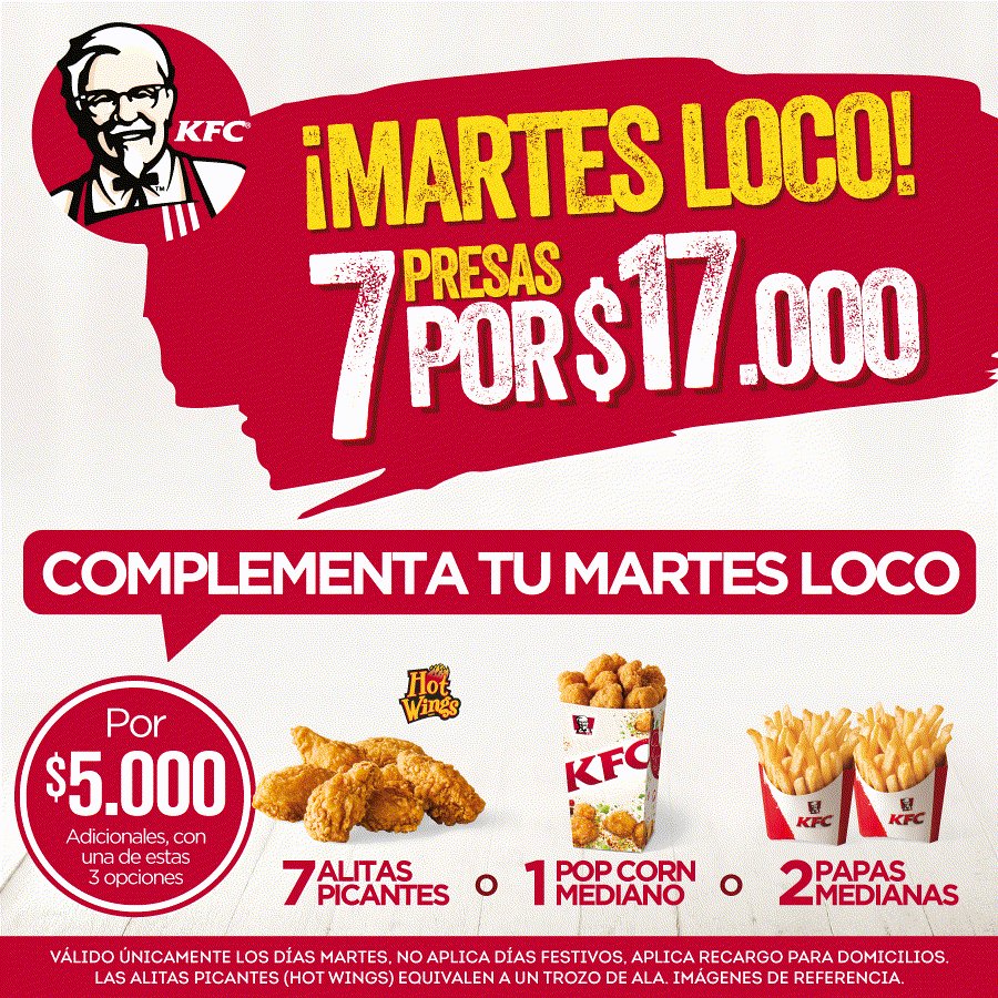 kfccolombia's tweet photo. Solo vamos a dejar esto por acá: HOY ES #MartesLocodeKFC. https://t.co/XVur2wlF2w