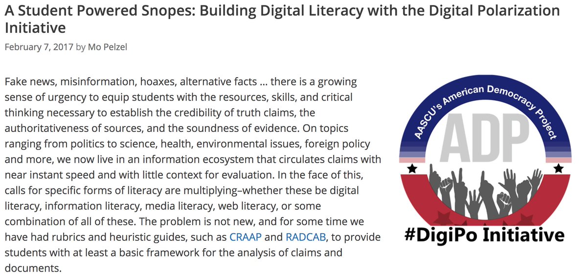 ACdigped's tweet photo. New at #ACDigPed: "A Student Powered Snopes: Building Digital Literacy with the Digital Polarization Initiative" https://t.co/Q2aQpc2v5c https://t.co/aDCWBAEi0C