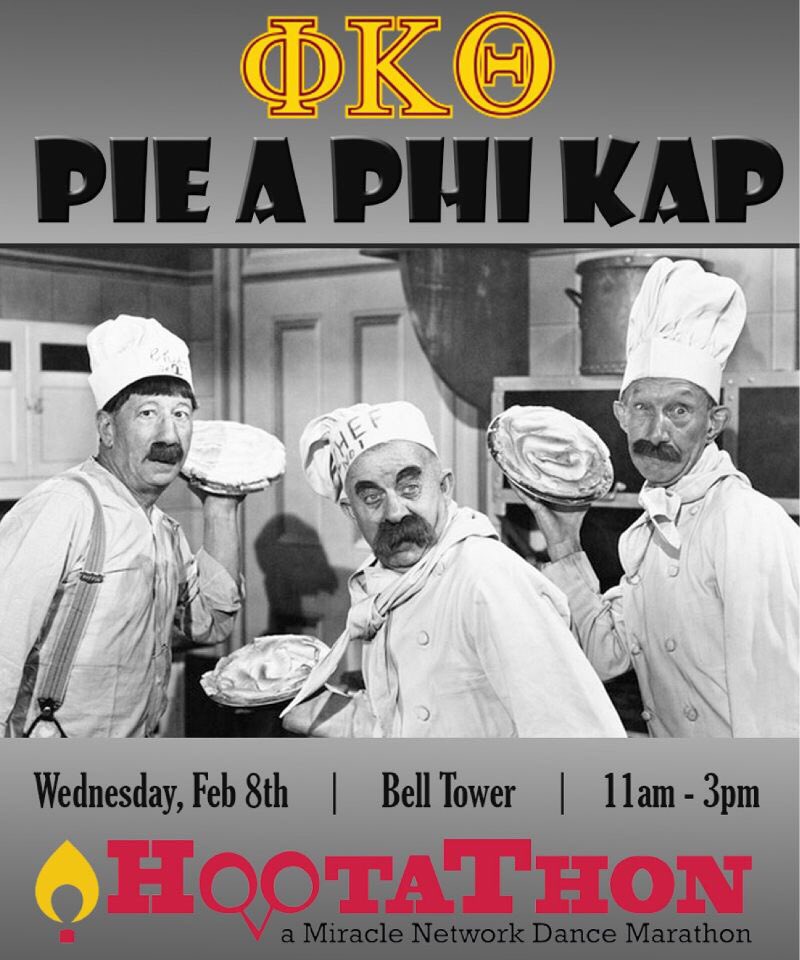 Come to the bell tower tomorrow and Pie-A-Phi Kap from 11am-3pm! All proceeds go towards <a href="/HootaThon/">HootaThon</a>! #PieKappaTheta