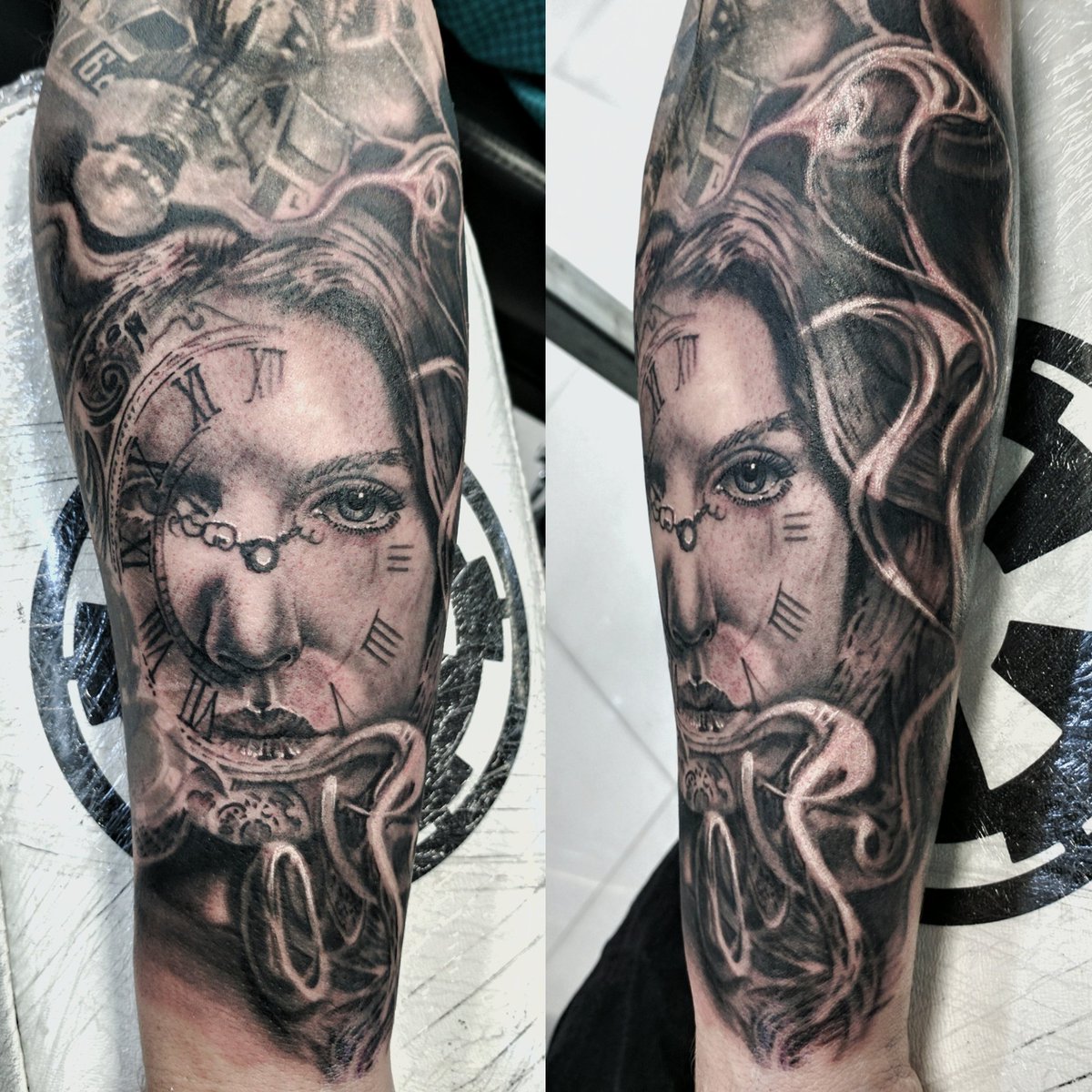 Clockface portrait I did earlier today. Really fun piece, can't wait to see it healed @Tokyotattoo_ @LifesInked <a href="/TattooSociety13/">TattooSociety13</a>  #tattoo
