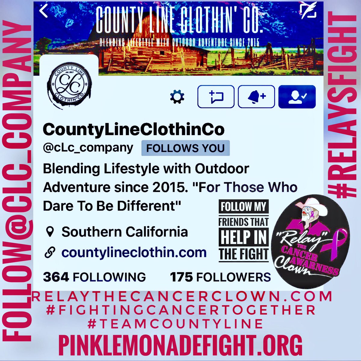 relaythatclown's tweet photo. Hey go check out and follow my friends @cLc_company they have some way cool #pink gear! #pinklemonadefight #cancersucks #love #everyone https://t.co/UE9cisVMz9