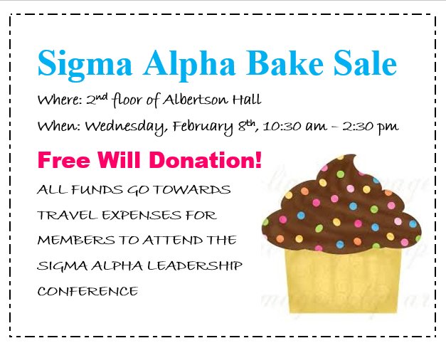 SigmaAlphaFHSU's tweet photo. Stop by and get a snack tomorrow! We'd love to see you! 🍩🍪🍰 https://t.co/MzWBE5qfqb