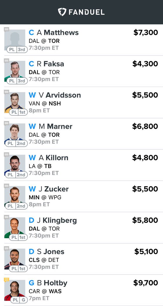 NHLfantasyPics's tweet photo. FD cash lineup for tonight unless any big news drops. https://t.co/37hX4XfWvU