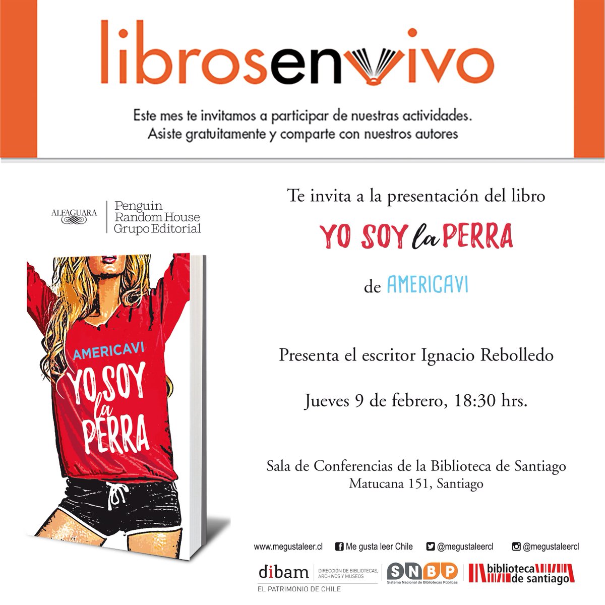 penguinlibroscl's tweet photo. Tod@s invitad@s! 9.2 a 6.30 pm en @BibliotecadStgo al lanzamiento del éxito de @wattpad #YoSoyLaPerra de #Americavi junto a @bookRebolledo https://t.co/2xDonnYRYs