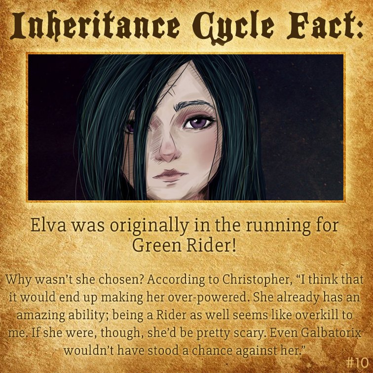 itsshurty's tweet photo. Did you know that @paolini originally considered making Elva the "Green Rider"? #InheritanceCycleFact https://t.co/iOb4iHaipz