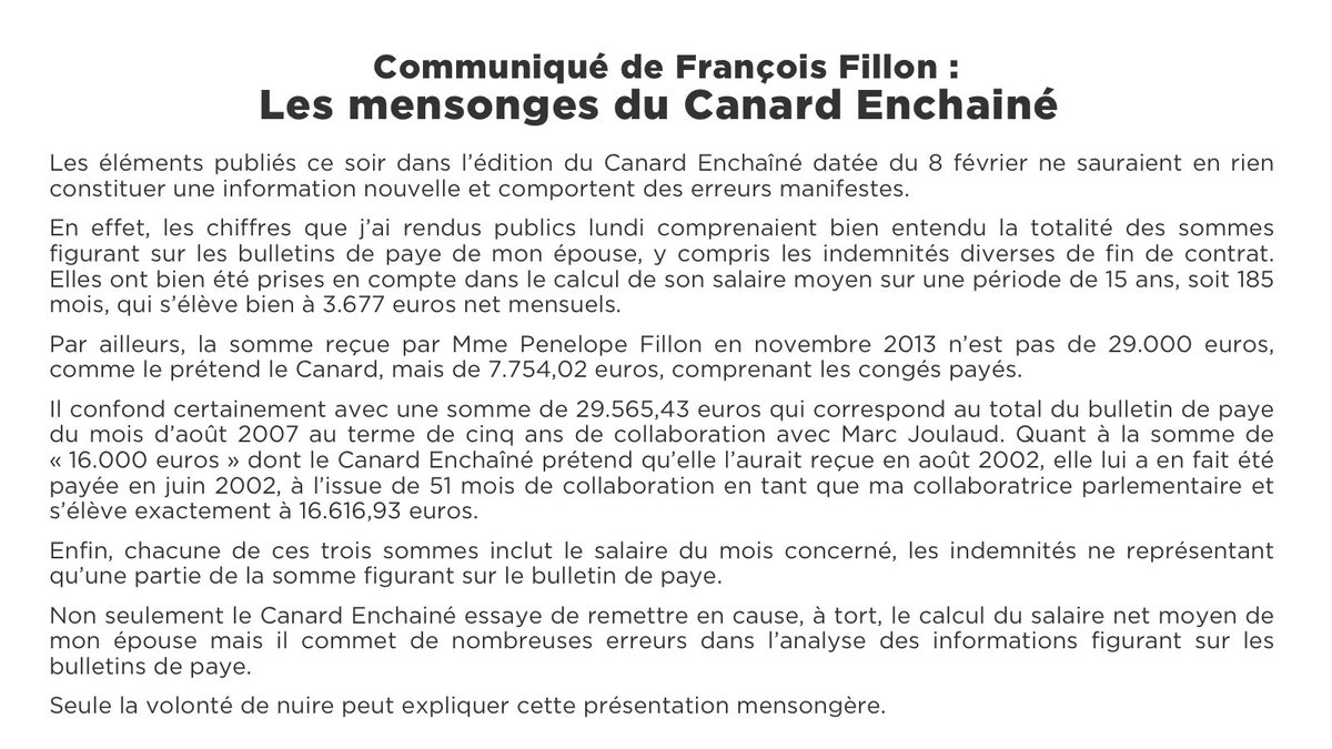 FrancoisFillon's tweet photo. Seule la volonté de nuire peut expliquer la présentation mensongère des éléments publiés ce soir par le #CanardEnchainé. https://t.co/eGlYfFOL0J