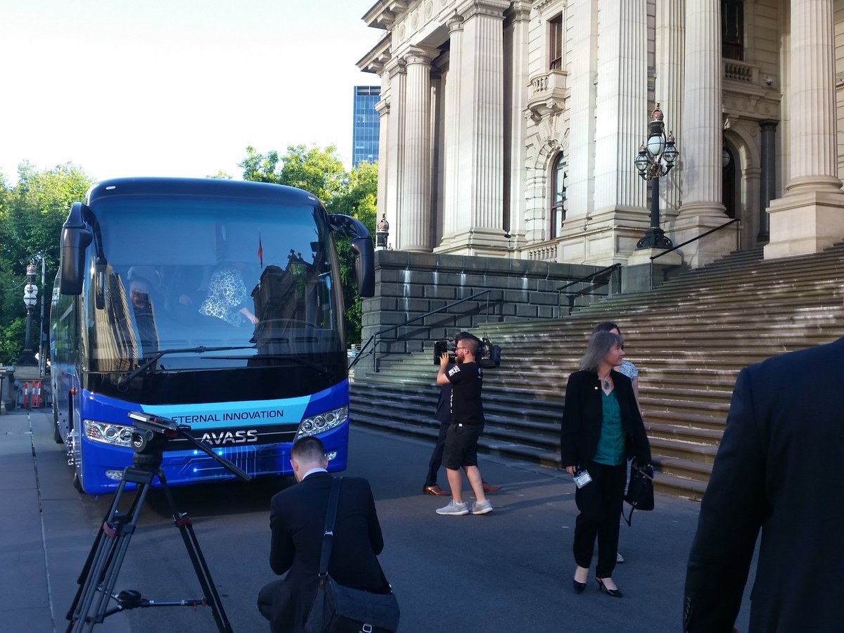 evolvox's tweet photo. Vic pollies dropped off at Parliament on an #electric bus this morning!! #cleantransport #renewablepowered #MadeInGeelong https://t.co/GGYuE8B1JZ