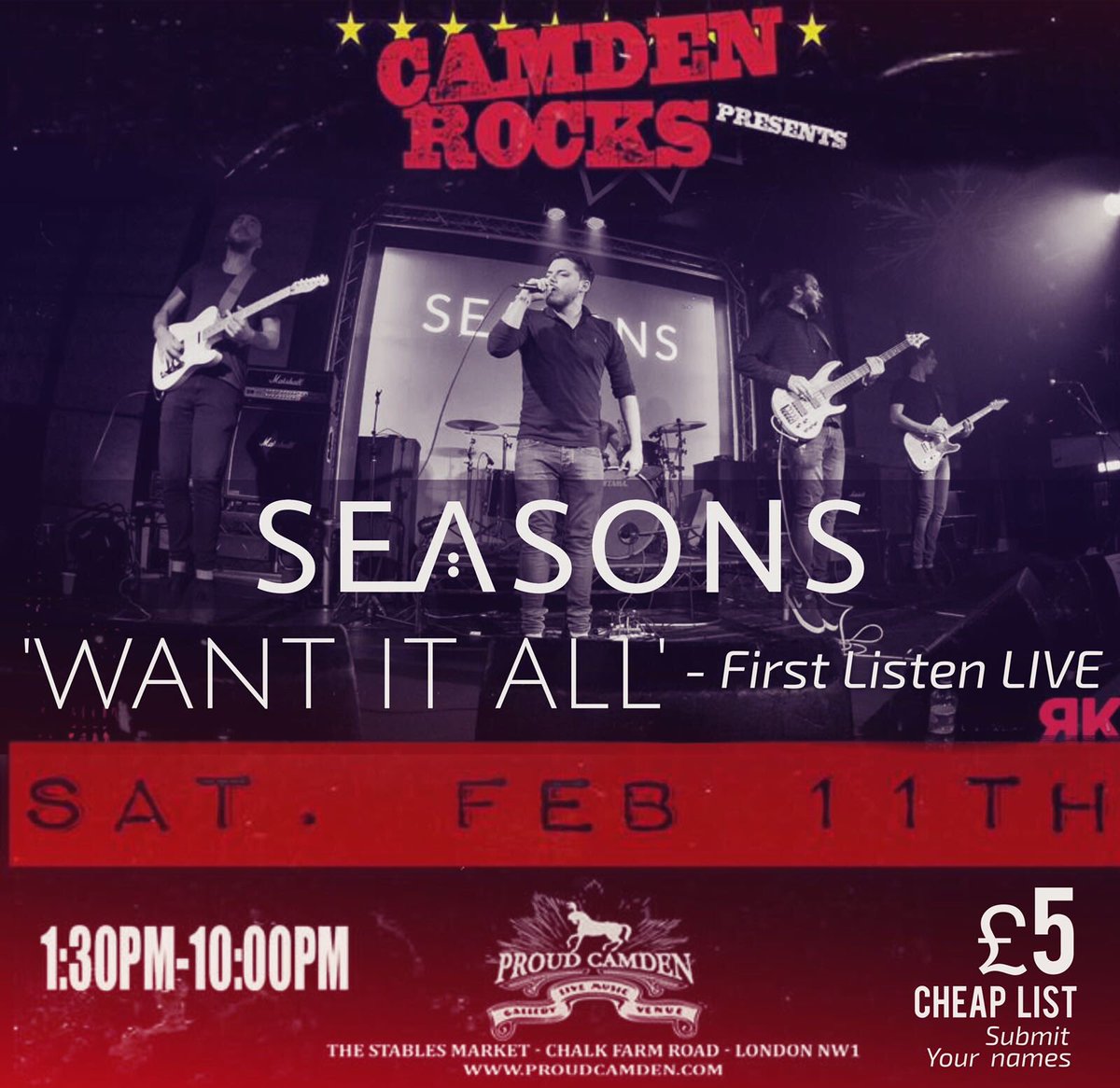 SEASONSbanduk's tweet photo. 4 DAYS till our EXCLUSIVE live performance of our new single 'Want It All' @CamdenRocksFest all-dayer Saturday! Message us for cheap tix 🤘🏼 https://t.co/YVK5I6Wvyi