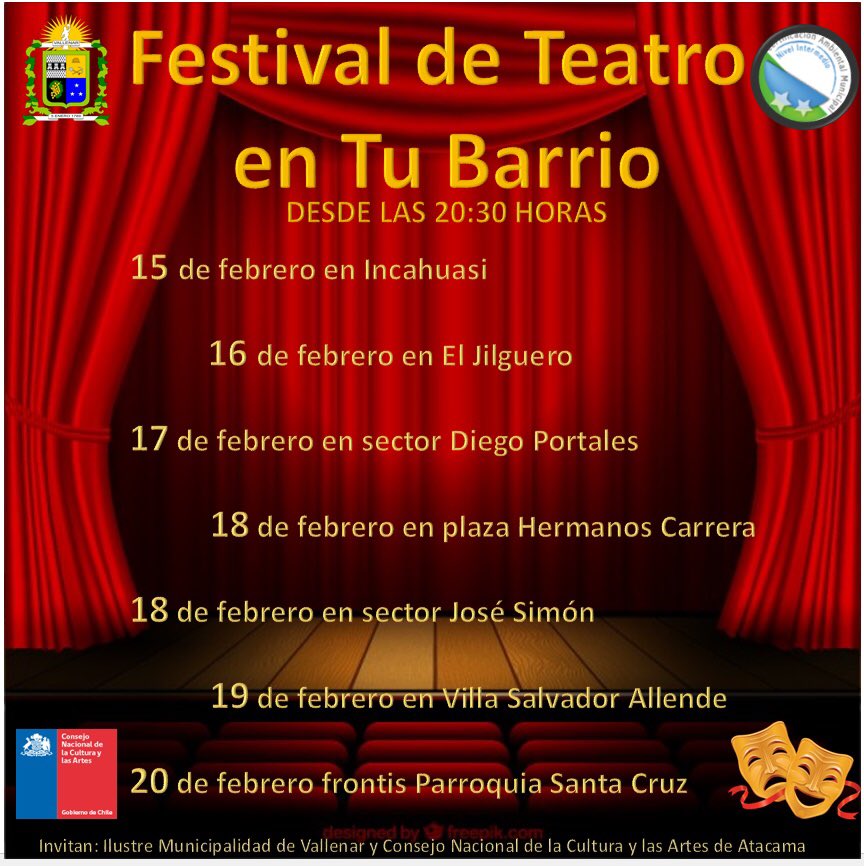 Calendario del #FestivaldeTeatro en distintos sectores de Vallenar. Desde el 15 al 20 de febrero 🎭