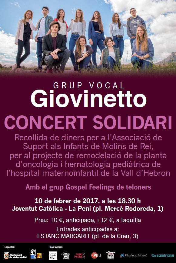 AjMolinsdeRei's tweet photo. Divendres a les 18.30h no et perdis el concert solidari de @CorGiovinetto a La Peni. Entrades des de 10 euros. #molinsderei https://t.co/6JJXdm2hU5