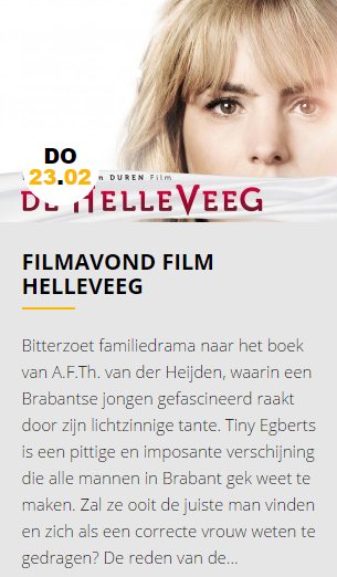 Filmavond #film #Helleveeg . Do 23-02-2017 in ons cultureel centrum Nesterlé in #Nistelrode. Aanvang 20.15 uur. Prijs € 5,00 . <a href="/VisitBrabant/">VisitBrabant Partners</a>